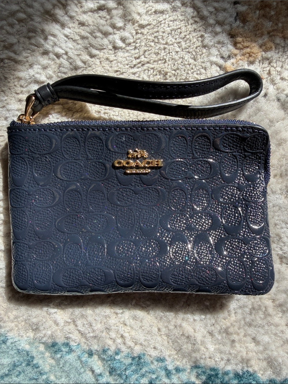 Coach Navy Patent Signature Wristlet with Gold Hardware